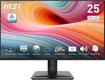 MSI PRO MP251 E2 24.5-Inch FHD Office Monitor - 1920 x 1080 IPS Panel, 4-Sided Frameless, 120 Hz Refresh Rate, Eye-Friendly Screen, Built-in Speakers, Tilt-Adjustable - HDMI 2.0, DP(1.4a), D-Sub(VGA)