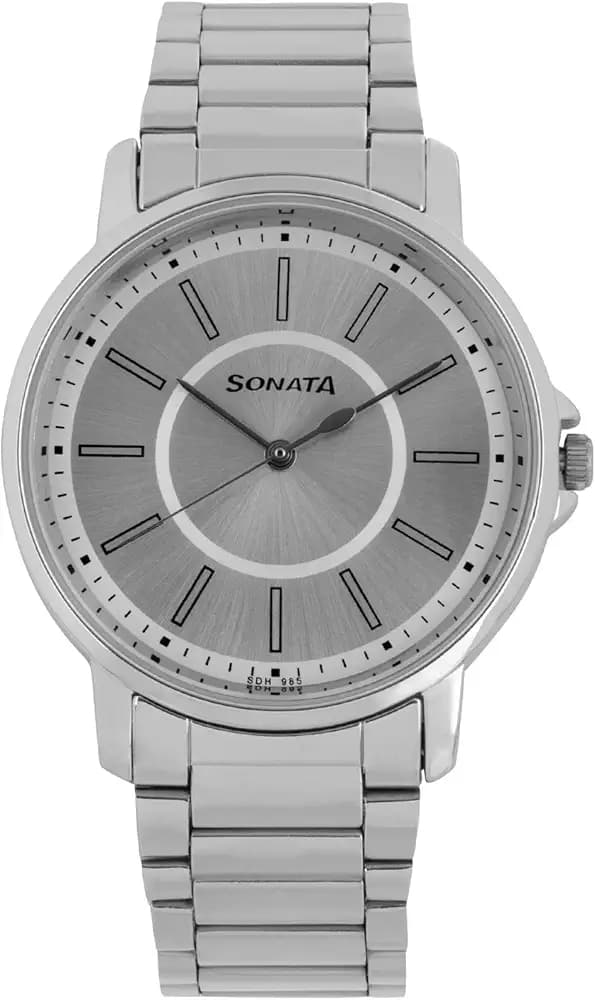 Sonata Quartz Analog Silver Dial Stainless Steel Strap Watch for Men-NS77083SM03