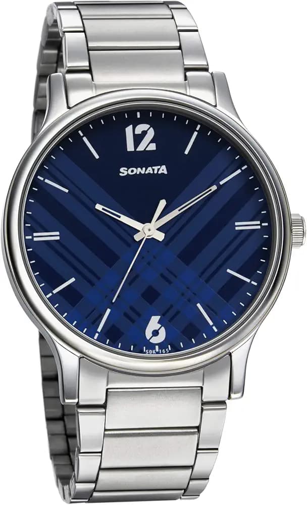 Sonata Smart Plaid Quartz Analog Blue Dial Silver Stainless Steel Strap Watch for Men - NT77105SM01W