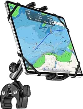 Boat Helm Tablet Mount, Marine Rail Tablet Holder with Aluminum Arm, 360° Adjustable Sailboat Pole Rod Handle Bar Clamp Mount for iPad Pro 13 12.9 11 Air Mini, Galaxy Tab, iPhone, 4-13" Device