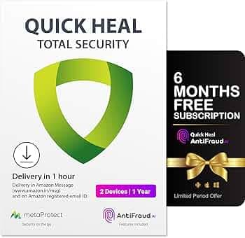Quick Heal Total Security | Windows PC/Laptop | 2 User, 1 Year | Dark Web Monitoring & Parental Control | Banking Protection | Email Delivery in 1hr | + 6 month AntiFraud.AI for IOS/Android