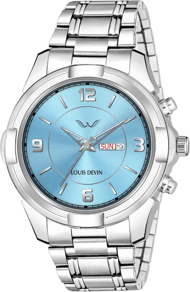 LOUIS DEVIN Stainless Steel Chain Analog Wrist Watch for Men with Day and Date Display (Black/Blue/Green Dial) | LD-GR430-CH