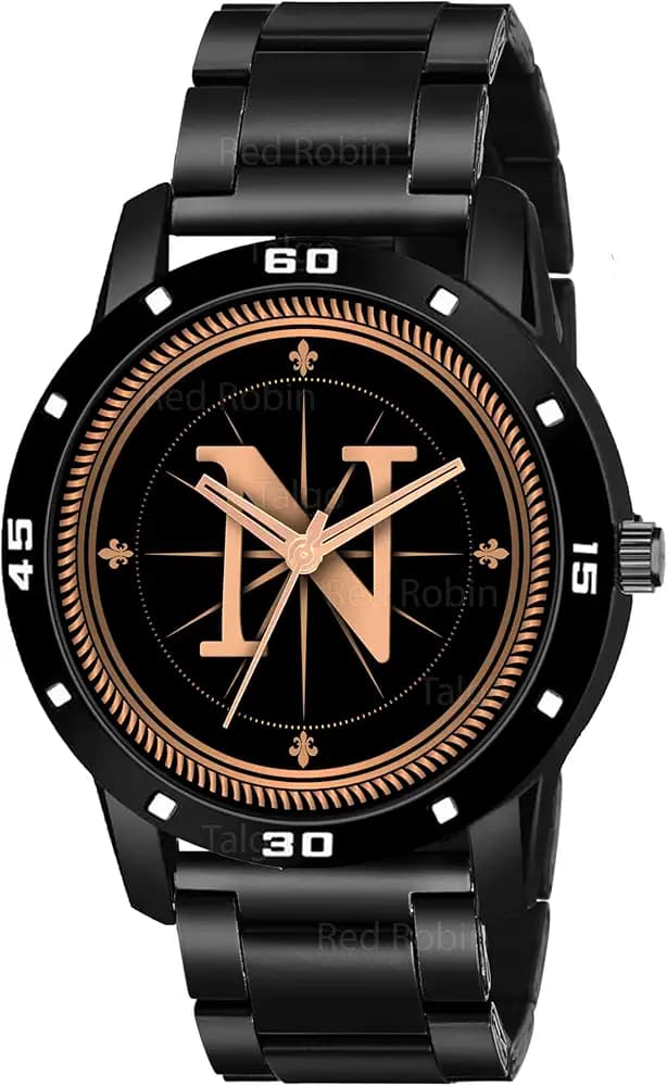 Talgo Analog Round Black Dial Alphabet N Design Black Case Stylish Strap Classic Design Fancy Wrist Watch for Men and Boys, Pack of 1 - Alpha-N-AVO-BLK
