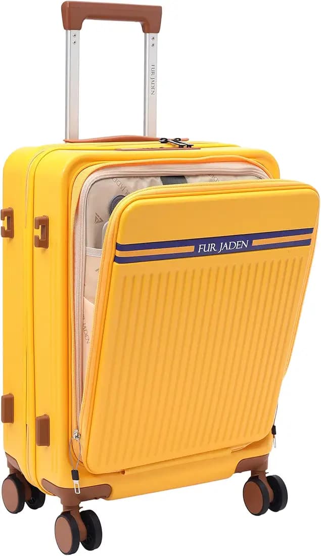 FUR JADEN The Aviator TechPro 55cm German Polycarbonate Travel Luggage Cabin Suitcase with USB Port, Laptop Compartment, 8 StealthTech Shock Absorbing Wheels, TSA Lock (Sunflare, Cabin 20")