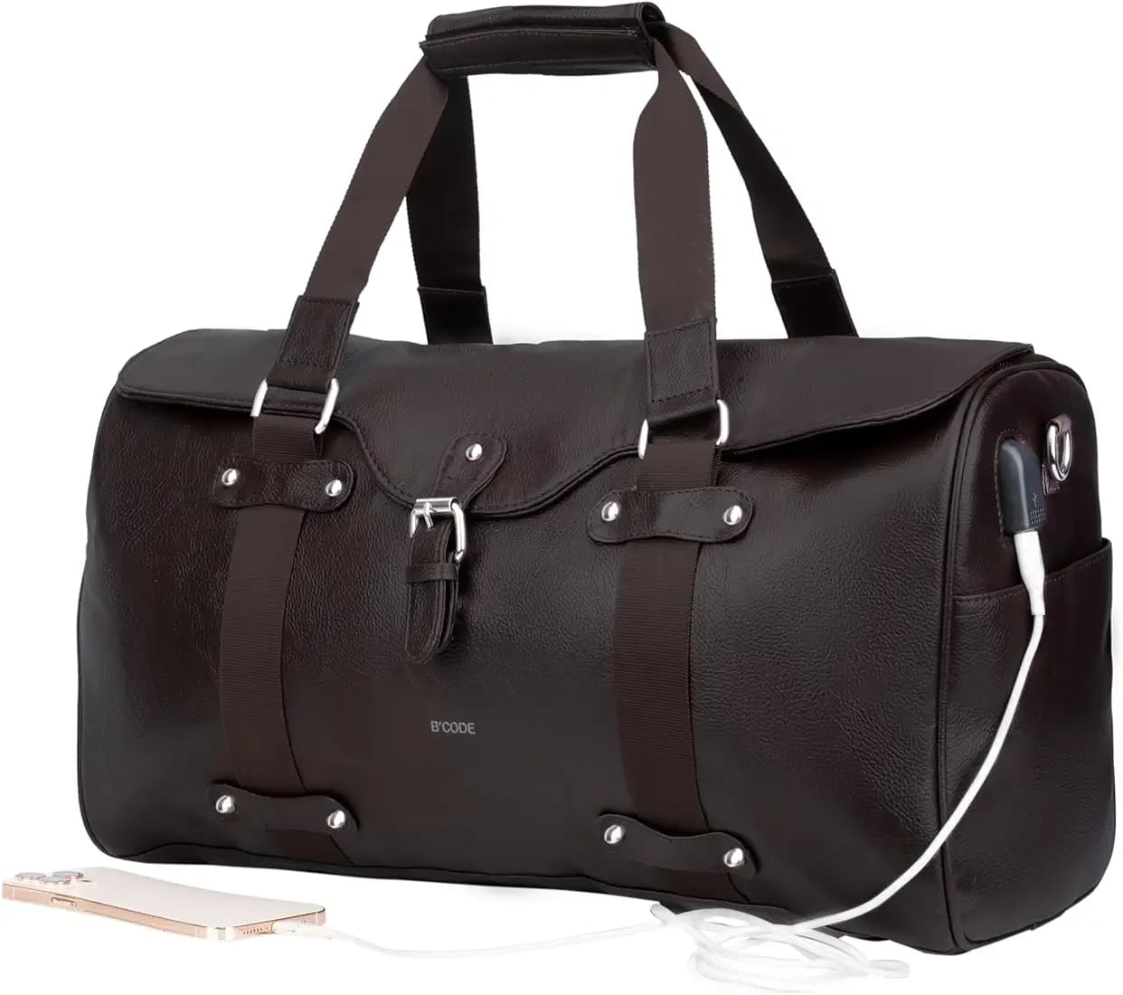 B’Code Techno Travel Bag with USB Port, Wrinkle-Resistant Vegan Leather Duffel Bag, Large Storage, Carry On & Trolley Sleeve, Brown