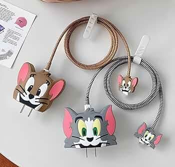 TechMount 2025 New Launch Silicone Cartoon 3D Designer 2 Pack Charger Cover Case with Free Data Cable Saver Compatible with Apple iPhone 18-20W Chargers Only for Boys & Girls (Brown Jerry- Grey Tom)