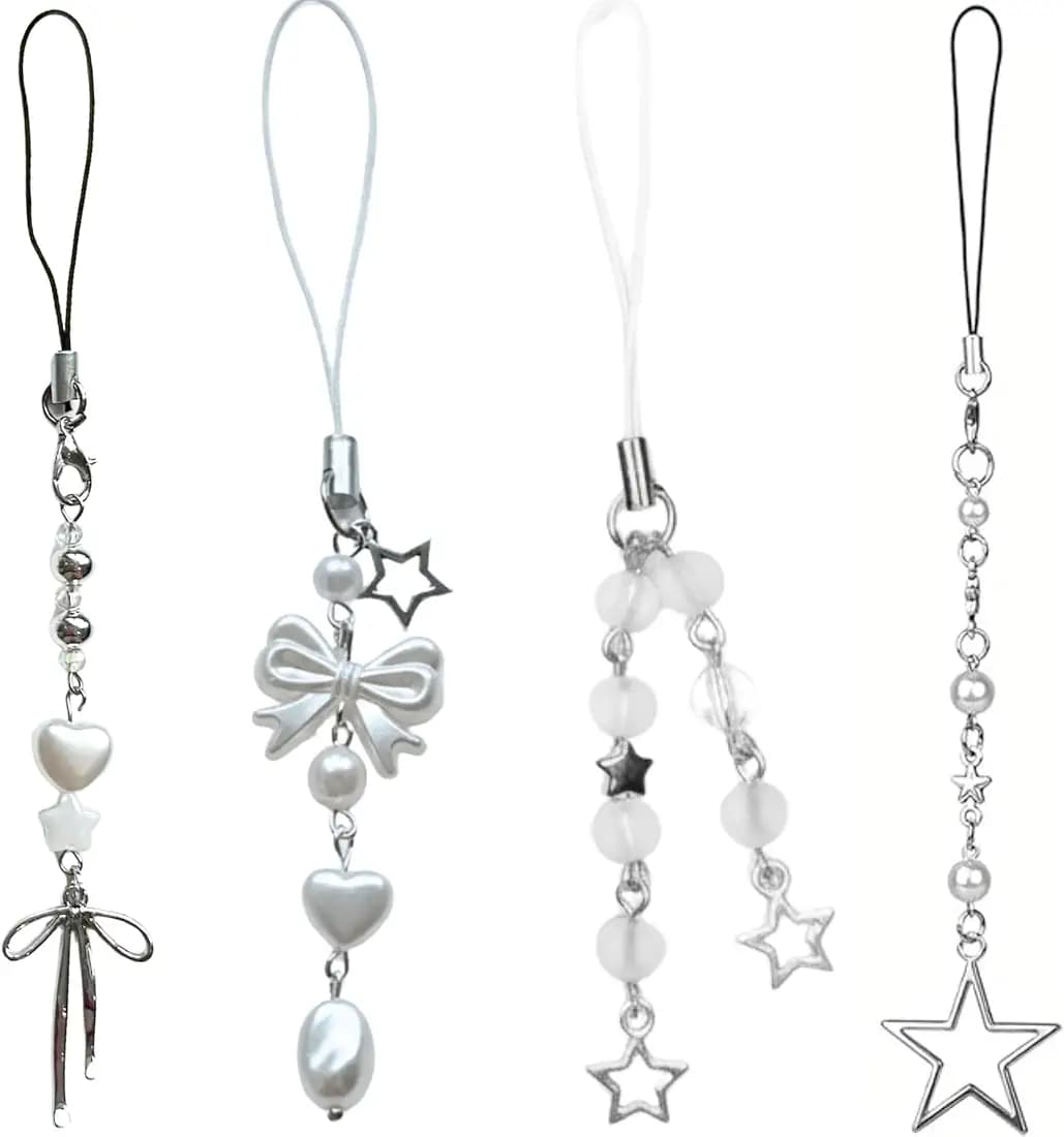 SNOWY SHOP 4pcs Aesthetic Silver Bow Phone Charm – Cute Pearl Beaded Mobile Chain Accessory | Stylish Kawaii Phone Strap for Girls, Women & Teens | Trendy Y2K Diwali Gift
