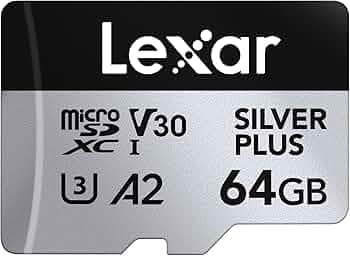 Lexar Silver Plus 64GB Micro SD Card, Microsdxc TF Card up to 205MB/s Reading, 100MB/s Write Micro SD+ Memory Card Adapter, A2, U3, Class 10, V30, Full HD and 4K UHD Video
