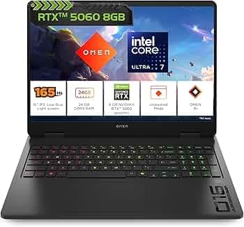HP Omen, Intel Core Ultra 7 255H, 8GB RTX 5060 (24GB DDR5, 1TB SSD) 165Hz, 2k WUXGA, 3ms, 400 nits, 16''/40.6cm, Win11, M365* Office24, Black, 2.42kg, an0015TX, RGB, Gaming Laptop