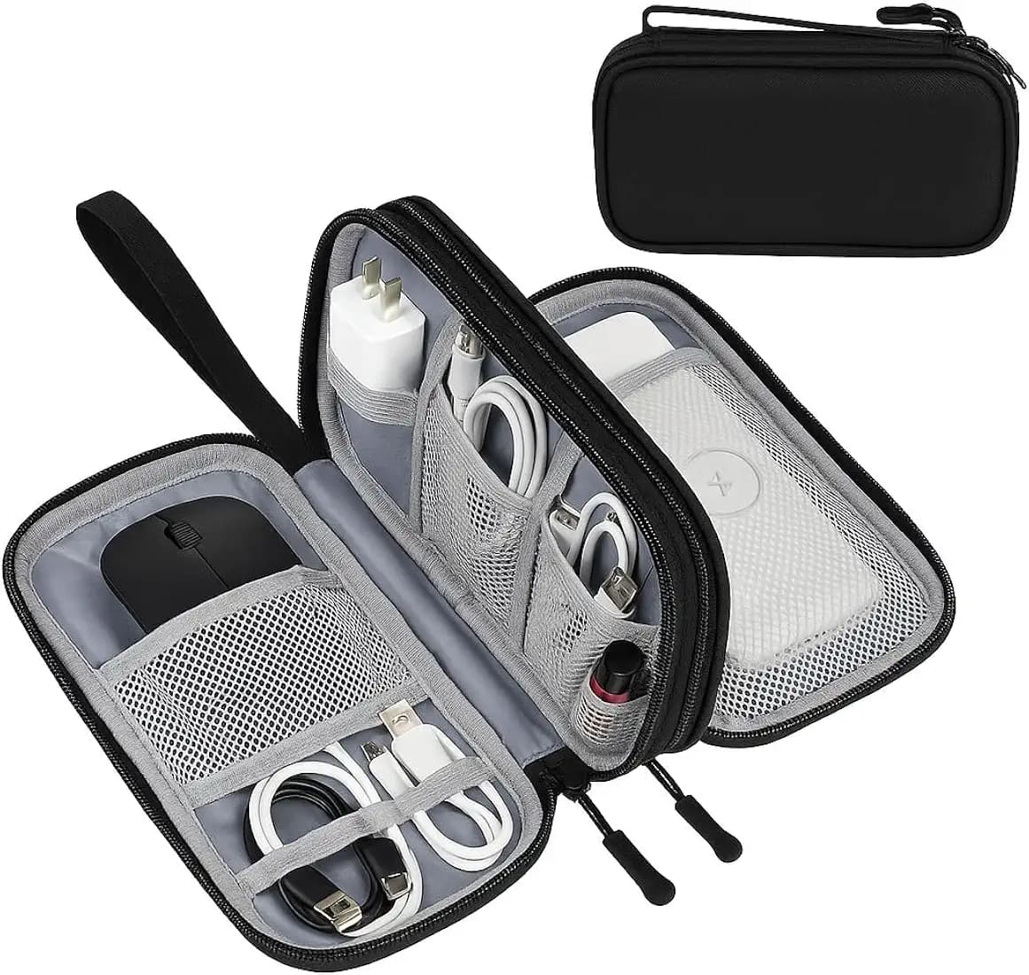 AccuPrints Sumiko Electronic Organizer Travel Cable Bag – Portable Tech Accessories Case for Cords Chargers Power Bank USB Earphones & Gadgets Compact Storage Pouch with Mesh Compartments Black