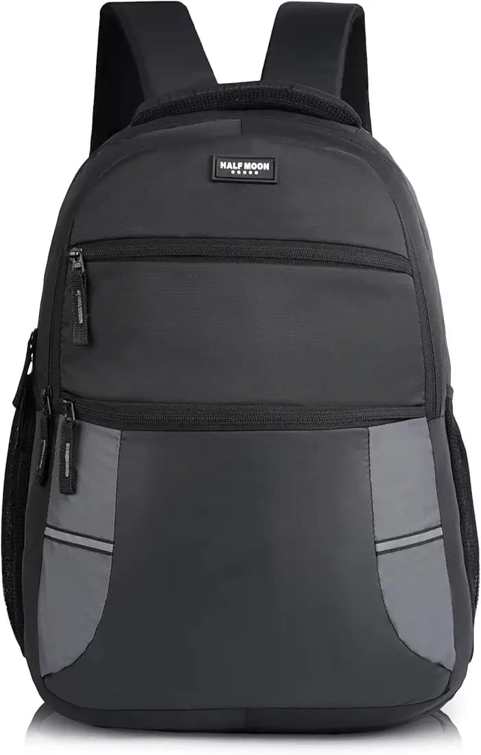 Half Moon 30L Laptop Backpack for Men & Women, Polyester, Water Resistant, Padded Sleeve with Reflective Strip, Black & Grey