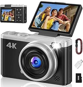 4K Digital Camera for Photography, 64MP Point and Shoot Digital Cameras with 16X Digital Zoom, 2.4‘’ 180°Flip Screen Compact Travel Camera Auto Focus Vlogging Camera for YouTube Video (Black)
