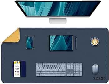Tukzer Extended Vegan PU Leather Mouse Pad Desk mat Smooth Reversible Dual Color Splash Proof Anti Fray Stitched Edges Non-Slip Mousepad for Laptop Notebook Gaming Computer(Blue & Yellow 90CM X 45CM)