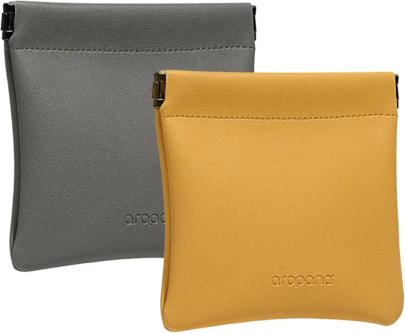 Combo Pack - Aropana Self-Closing Leather Makeup Cosmetic Bag Portable Earphone Pouch Travel Jewellery Lipstick Accessories Bag Coin Purse Card Holder (11.5CM × 11CM) Fossil Grey & Bright Yellow