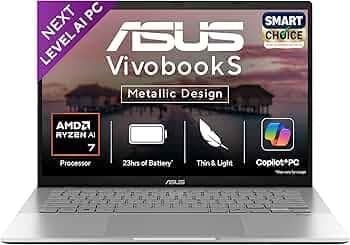 ASUS Vivobook S14,Smartchoice,AMD Ryzen AI 7 350,16GB RAM,1TB SSD,OLED, 14",Windows 11, Office24, M365 Basic (1Yr)*,Cool Silver,1.4Kg,M3407KA-SF048WS,50Tops,Metallic Design,Next-Gen AI Laptop,Copilot+