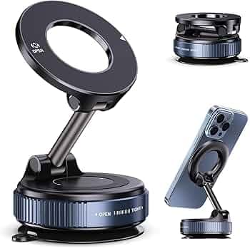 Magnetic Phone Holder with Vacuum Suction Cup Strong 360° Adjustable Swivel Stand for Car Dashboard, Mirror, Kitchen, Gym & Smooth Surfaces Upgraded Locking Mount