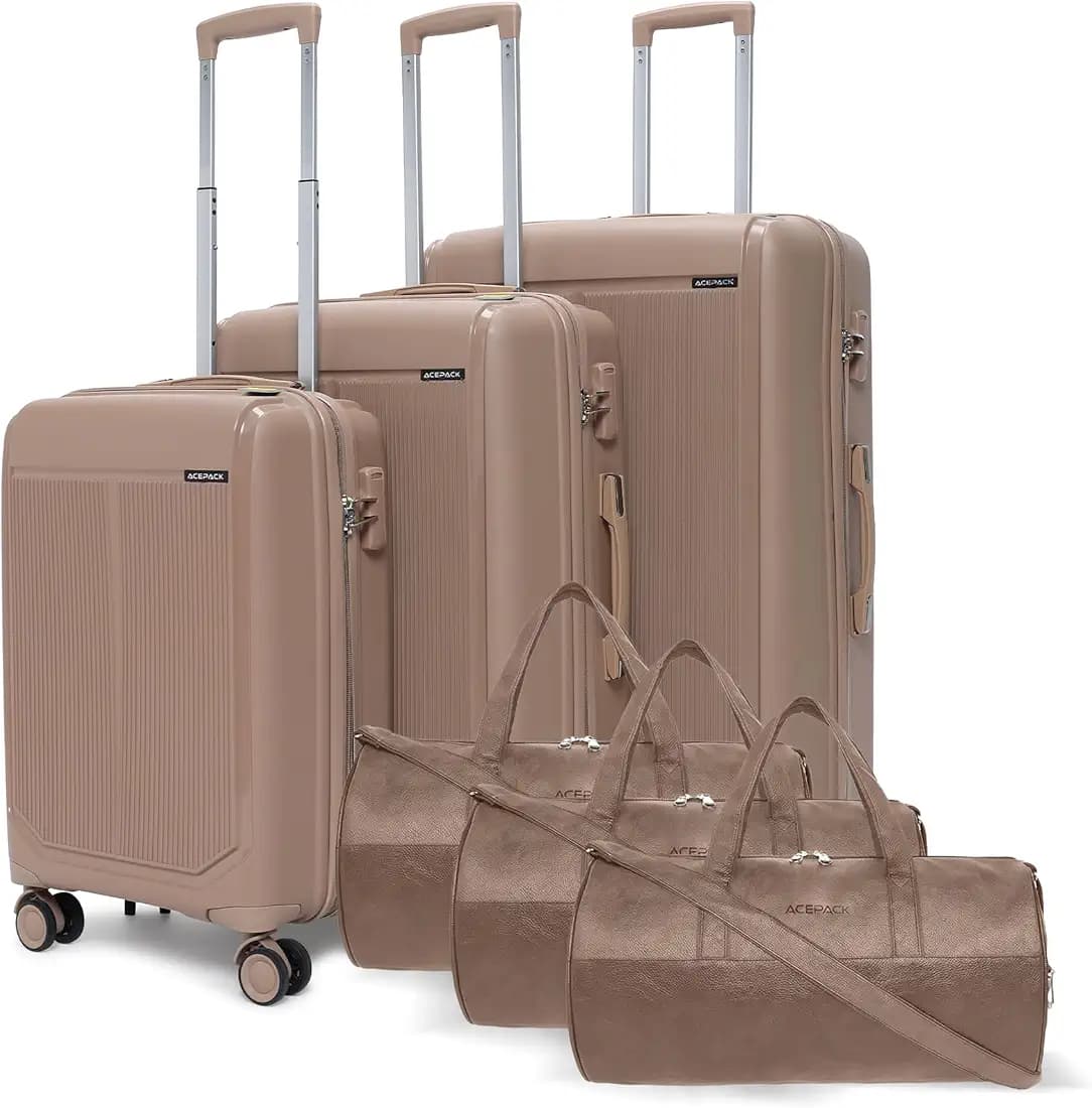 Megatron 6-Piece Family Set – 3 Duffle Bags + 3 Trolley Suitcases, Unbreakable Polypropylene Luggage, 8 Spinner Wheels, Built-in Number Lock, 3-Year Warranty (Set of 6 with Duffels, Beige)