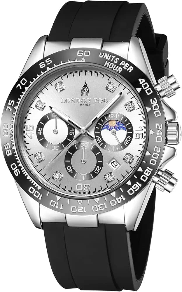London Fog Bond Collection Analog Quartz Watch for Men with Round Dial and Silicone Strap, Metal Case with Tachymeter Bezel, Chronograph Function, Date Display, Luminous Hands & Hour Markers, Water Resistant