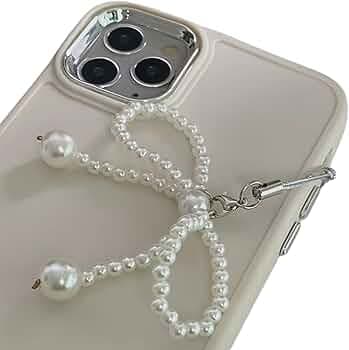 Snowy Shop Coquette Pearl Korean Bow Phone Charm – Stylish Beaded Mobile Chain & Hanging Accessory for Girls & Women White