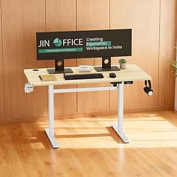 JIN OFFICE EcoSmart Electric Height Adjustable Desk| Sit Stand Table,80 Kg Load, 2 Year Warranty| Standing Desk with Cup Holder, Memory Preset, Stability Crossbar| Ergonomic Split 1200*700mm Top Maple