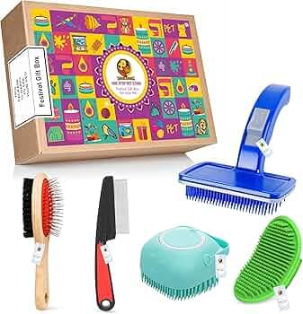 Foodie Puppies 5 in 1 Pet Grooming Festival Gift Box for Dogs & Cats | Combo with Blue Slicker Brush, Flea Comb, Wooden Pin Brush, Silicone Bath Glove & Shampoo Dispenser | All-in-One Grooming Kit