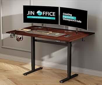 JIN OFFICE Octave Height Adjustable Desk Electric | Standing Desk, 80 Kg Wt. Cap, 2 Year Warranty| Sit Stand Table with Memory Preset, Cup Holder| Stability Crossbar| Brown 1500*750mm/25mm Thick Top