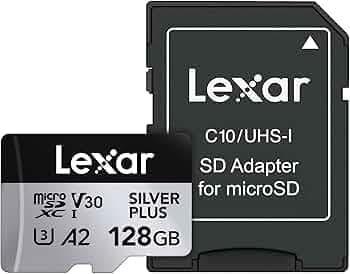 Lexar 128GB Professional Silver Plus Micro SD Card, UHS-I, C10, U3, V30, Full HD & 4K, Up to 205/150 MB/s microSDXC Memory Card, for Videographers, Gamers