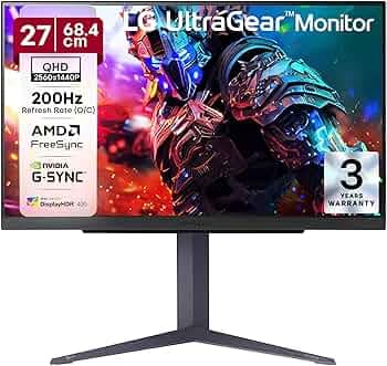 LG 27GS85Q Ultragear Gaming Monitor, 27", QHD, 2560 x 1440, Nano IPS, 1ms (GtG), 180Hz, NVIDIA G-SYNC Compatible, AMD FreeSync, HDR 400, Tilt/Height/Pivot Stand, HDMI, DP, HP Out, Black