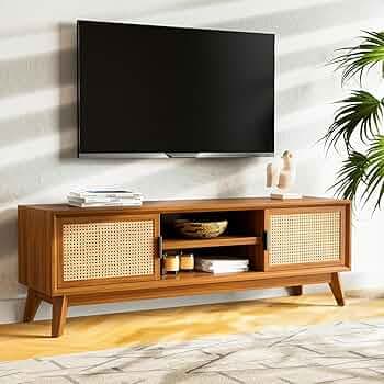 Furniture Mid-Century Rattan Cane TV Stand, Solid Wood Media Console Cabinet for 65 Inch TV