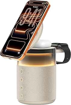 eller santé® 4in1 Bluetooth Speaker 15W Magnetic Mag-Safe Wireless Charger for iPhone 17/16/15/14/13/12 Series,iwatch, Airpods Fast Charging Dock Phone Stand with Night Light & Music Sound