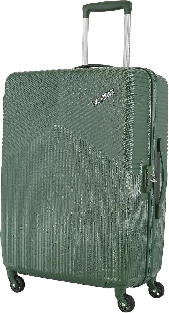 American Tourister Polycarbonate (Pc) Georgia Spinner Suitcase 79 Cm Large Forest Green Check-in Hard 4 Wheels Luggage.