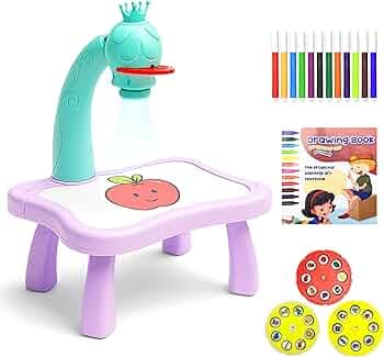 VGRASSP Creative Drawing Projection Table Toy Set for Kids with 12 Color Markers - Educational Tracing Learning Projector Desk with 3 Slides and Art Book for Boys and Girls - Color As Per Stock