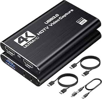 4K HDMI Capture Card for Streaming, 1080P 60FPS USB 3.0/Type-C Game Video Capture Card with 4K HDMI Loop-Out, Includes 2 HDMI Cables & USB Cable, Works for PS5/PS4/Switch/Xbox/PC/Camera/OBS (Black)