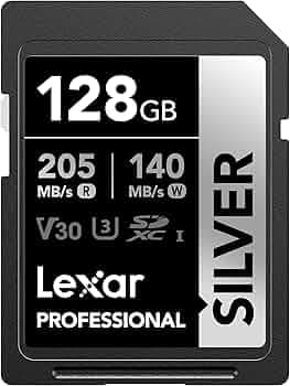 Lexar 128GB Professional Silver SDXC Memory Card, UHS-I, C10, U3, V30, 4K Video, Up to 205/140 MB/s Read/Write, for Professional Photographer, Videographer, Enthusiast (LSDSILV128G-BNNNU)