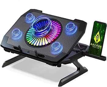 Archer Tech Lab RGB Gaming Laptop Cooling Pad Stand with Aluminum Metal Grid, 5 Turbo Fans Dual USB Ports 7 Adjustable Angles Elevation Bracket & Phone Holder, Supports Up to 17" Laptop (Squall 300)