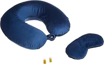 Amazon Basics 100% Memory Foam Travel Neck Pillow with Eye Mask and Ear Plugs Combo|Ergonomically Designed for Ultimate Comfort, Perfect for Air, Car, Train, Bus Travel - Navy Blue, Standard Size