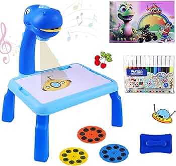 Toyshine Dino Theme Smart Projection Drawing Board with Music Include Art Supplies Doodle Table Kit | Trace and Draw Projector Toy for Kids Age 3+ (Blue)