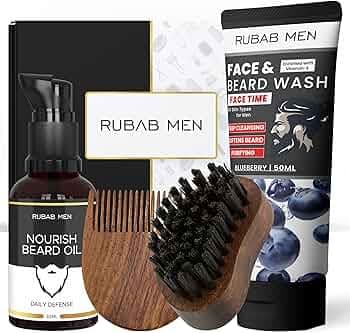 RUBAB MEN Complete Beard Grooming Kit (Pack of 4)- Beard Brush + Beard Oil + Face n Beard Wash + Pocket Comb for Men