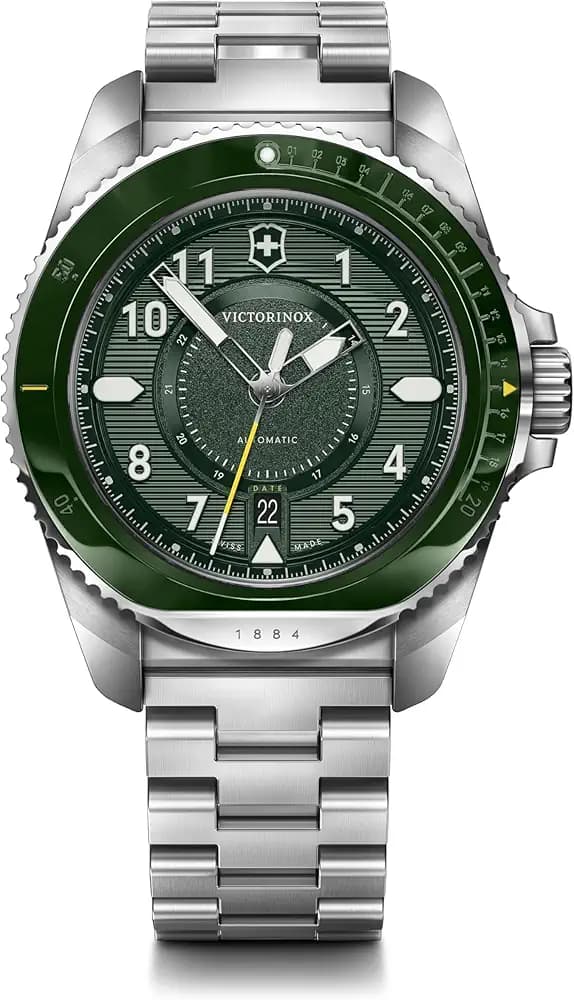 Victorinox Stainless Steel Journey 1884, Automatic Swiss Made Men's Analog Watch, Green Dial, 43 Mm, Water Resistant Up To 200 M, Sellita Sw 200-1 Movement, Wrist Watch For Men | 242015,Silver Band