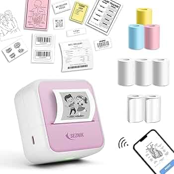 SEZNIK Mini Printer, Inkless, Thermal, Bluetooth, Portable Printer, Compatible Android, iOS Mobile. 1 Year Warranty (MiniX-Pink)