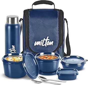 MILTON Pro Lunch Box, 3 Microwave Safe Inner Steel Containers (180 ml, 320 ml, 450 ml), Plastic Chutney Dabba (100 ml), Steel Bottle (750 ml) with Durable Lunch Bag, Leak-Proof Tiffin for Office, Blue