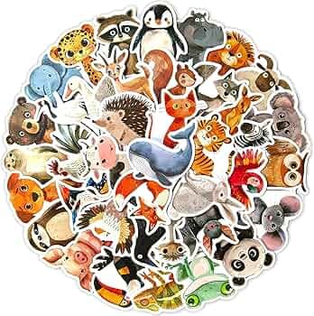 Ychsring Animal Stickers - Cute Wildlife 50 Pcs Waterproof Vinyl Cartoon Animal Stickers for Water Bottle, Laptop, Phone Case, Cup, Guitar - Wild Animal Stickers for Kids, Teens & Adults