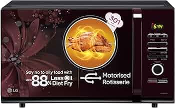 LG 32 L Convection Microwave Oven (MC3286BRUM, Black, 360° Motorised Rotisserie for Bar-be-queing, 301 Auto Cook Menu, Stainless steel cavity, Indian Cuisine, Tandoor Se, Steam Clean & Diet Fry)