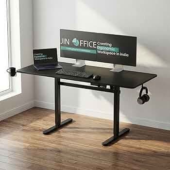 JIN OFFICE EcoSmart Electric Height Adjustable Desk| Sit Stand Table,80 Kg Load, 2 Year Warranty| Standing Desk with Cup Holder, Memory Preset, Stability Crossbar| Ergonomic Split 1400*600mm Top Black