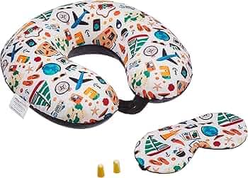 amazon basics 100% Memory Foam Travel Neck Pillow with Eye Mask and Ear Plugs Combo|Ergonomically Designed for Ultimate Comfort, Perfect for Air, Car, Train, Bus Travel-Happy Holidays, Standard Size