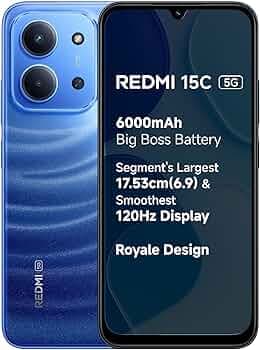 REDMI 15C 5G Moonlight Blue 4GB + 128GB | Royale Design | Massive 6000mAh Battery | Segment's Largest Display 17.53cm Up to 120Hz | MediaTek Dimensity 6300 | 33W Fast Charging | 50MP AI Dual Camera