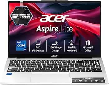 acer Aspire Lite 13th Gen, Intel Core i7-13620H, Office 2024 + M365 Basic, 16GB RAM/512GB SSD, 39.62cm 15.6" FHD IPS Display, Win 11 Home, Pure Silver, 1.7kg,AL15-52H, Backlit kB, Thin & Light Laptop