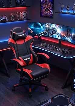 Ergonomic Gaming Chair with Footrest, Adjustable Recliner, Lumbar & Neck Support, Heavy-Duty Office & Gaming Chair for Long Sitting – Black & Red