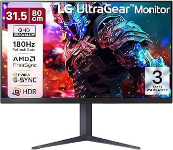 LG 32GS85Q 32 Inch QHD (2560x1440) Nano IPS Ultragear Gaming Monitor, 180Hz, 1ms, NVIDIA G-SYNC Compatible, AMD FreeSync, HDR10, Tilt/Height/Pivot Stand, HDMI X 2, Display Port, HP Out, Black
