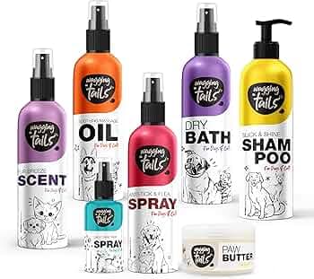 Wagging Tails 7-in-1 Grooming Kit: Dog Shampoo, Dry Bath, Massage Oil, Paw Butter, Paw Spray, Anti-Tick & Flea Spray, Fur Breeze - Natural Ingredients